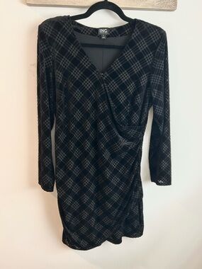 INC International Concepts Black Plaid Velvet Wrap Dress